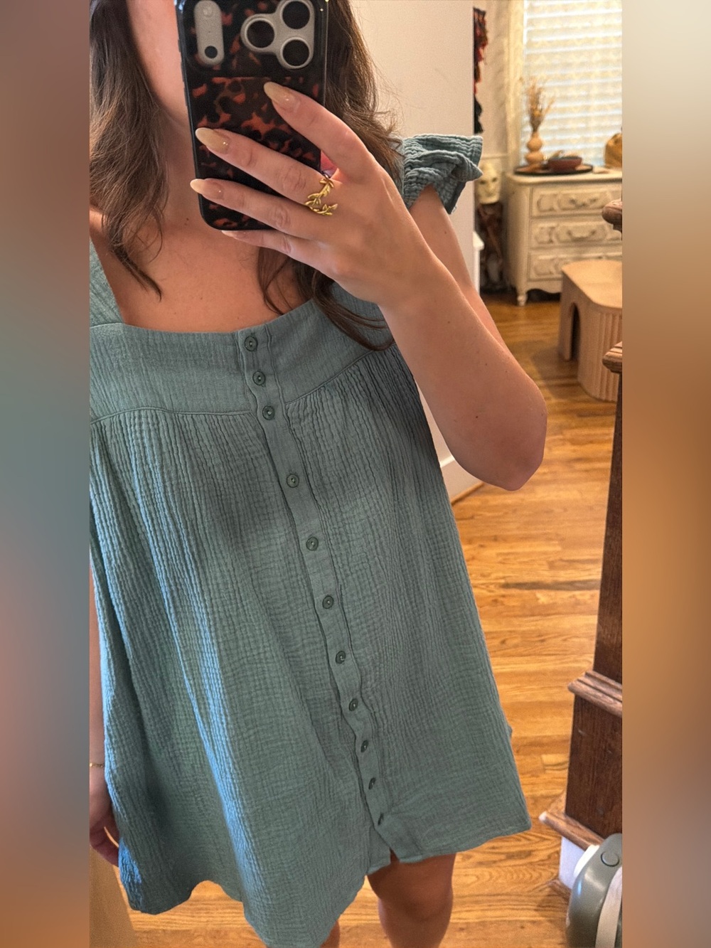 Light Green Button-Front Gauze Sundress
